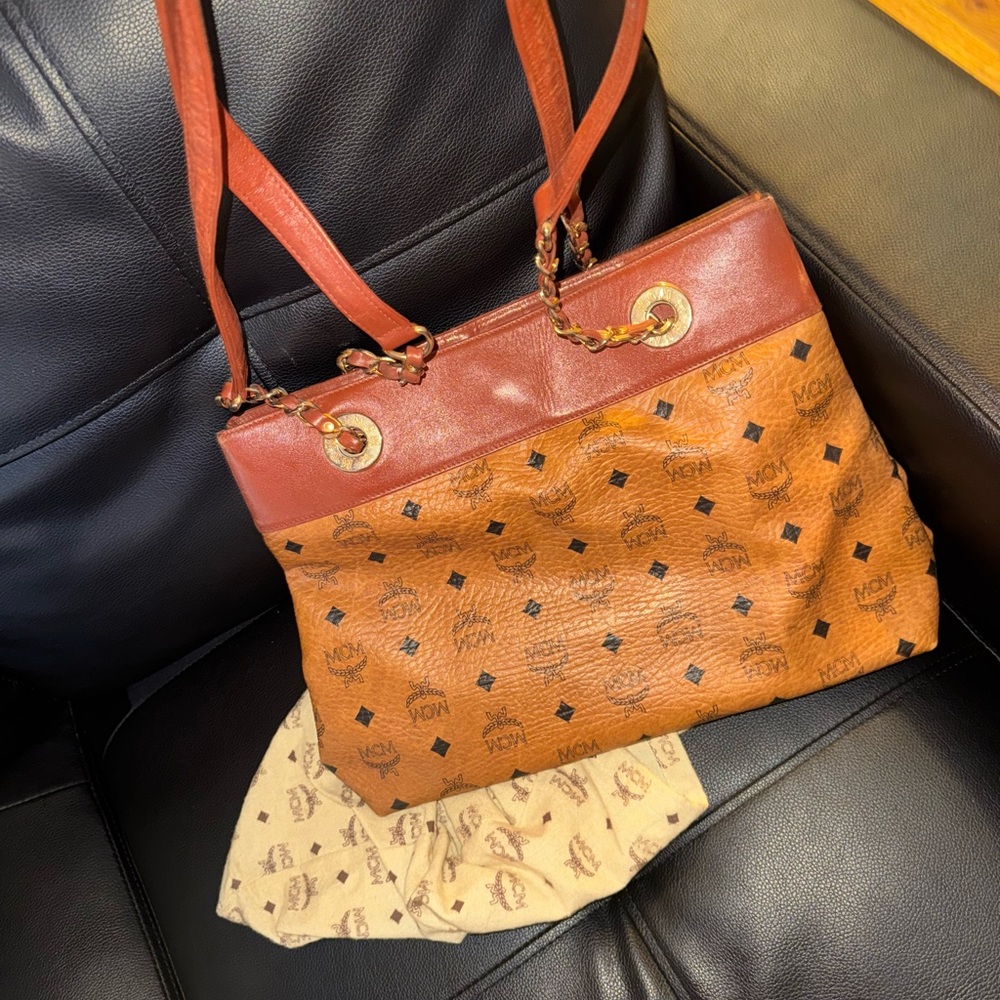 MCM Brown Visetos Monogram Tote with Gold Accents